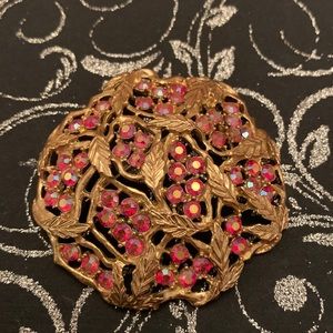 Sarah Coventry Brooch Pin Vintage 50s Gold Tone Leaf Raspberry Pink